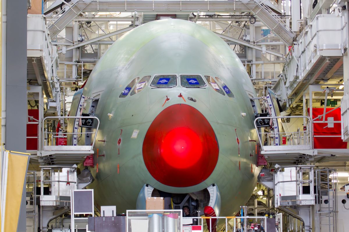 Wide-body aircraft nose inside an assembly station