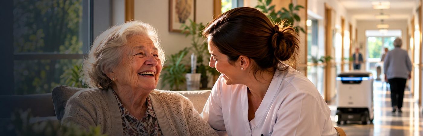 Carer and resident talking while a service robot delivers along the corridor