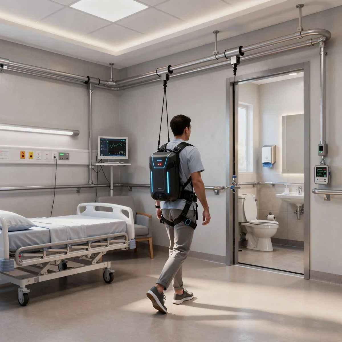 Patient walking with an exoskeleton on a ceiling rail in a rehabilitation room