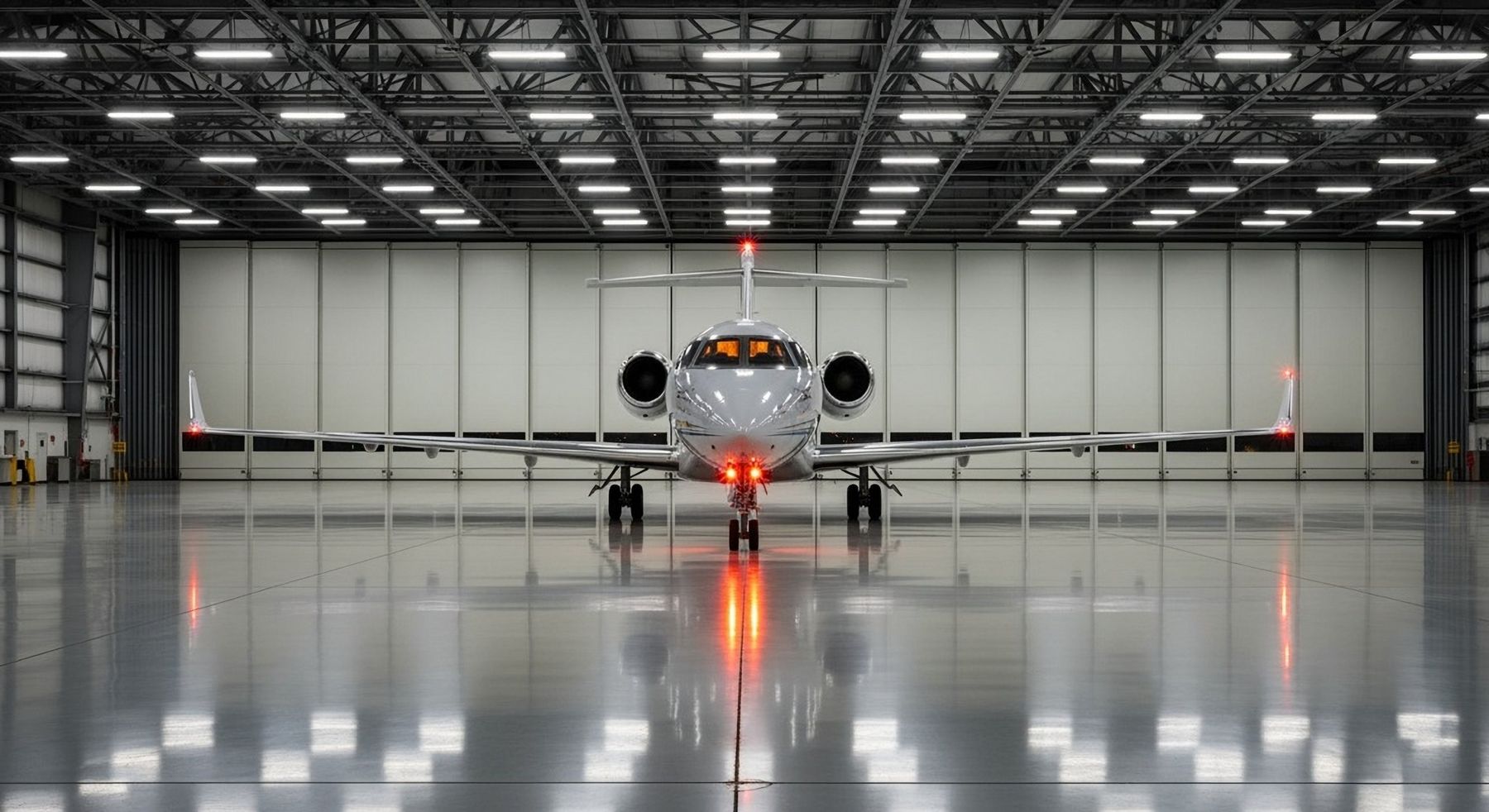 Business jet inside a hangar with a polished level floor