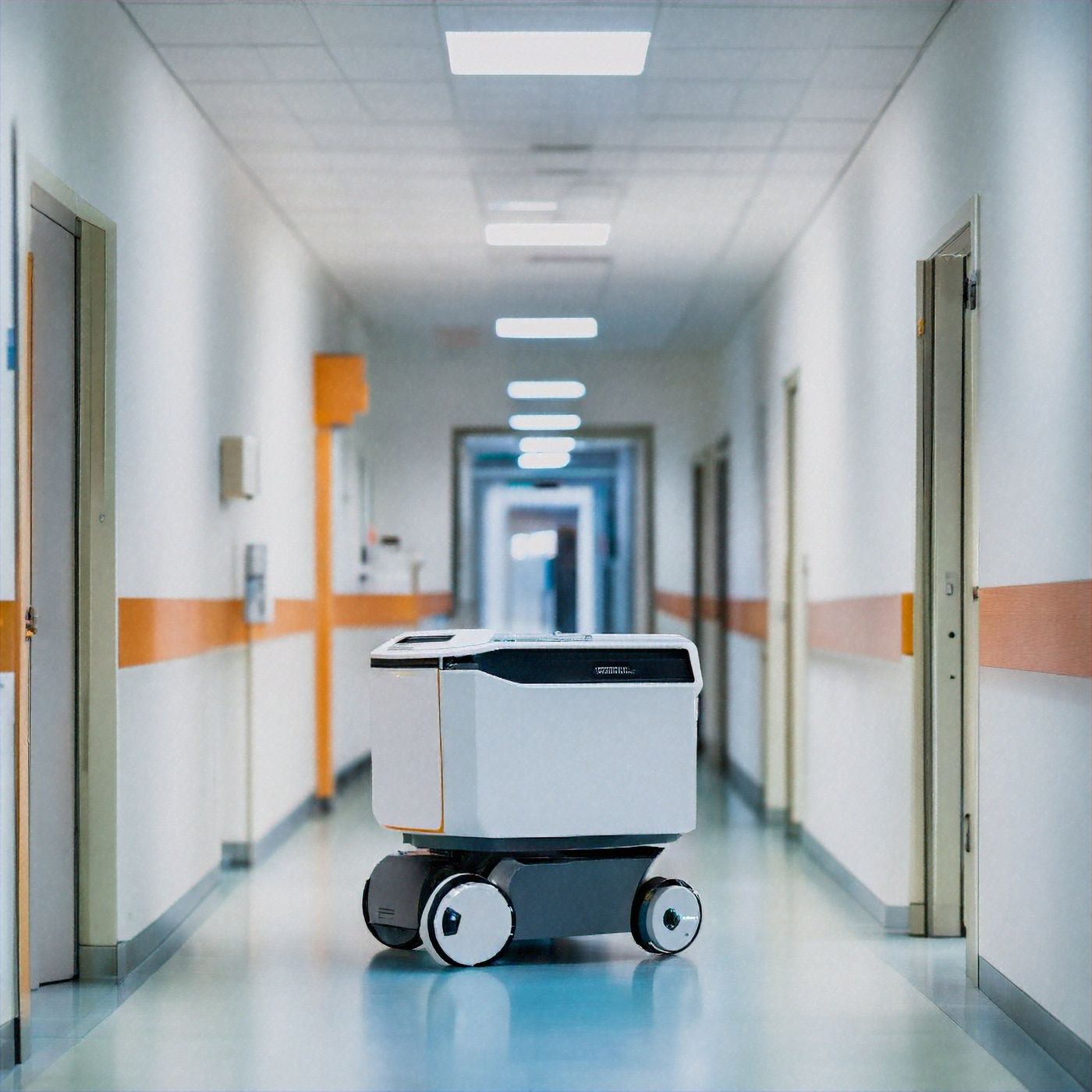 Delivery robot in a hospital corridor