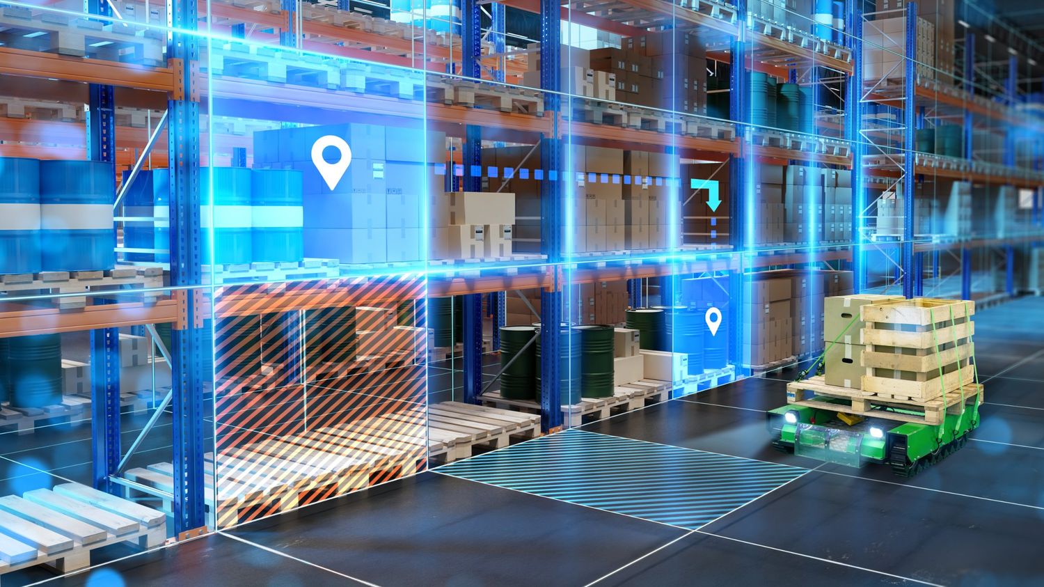 Autonomous mobile robot carrying a pallet through a warehouse overlaid with its digital twin