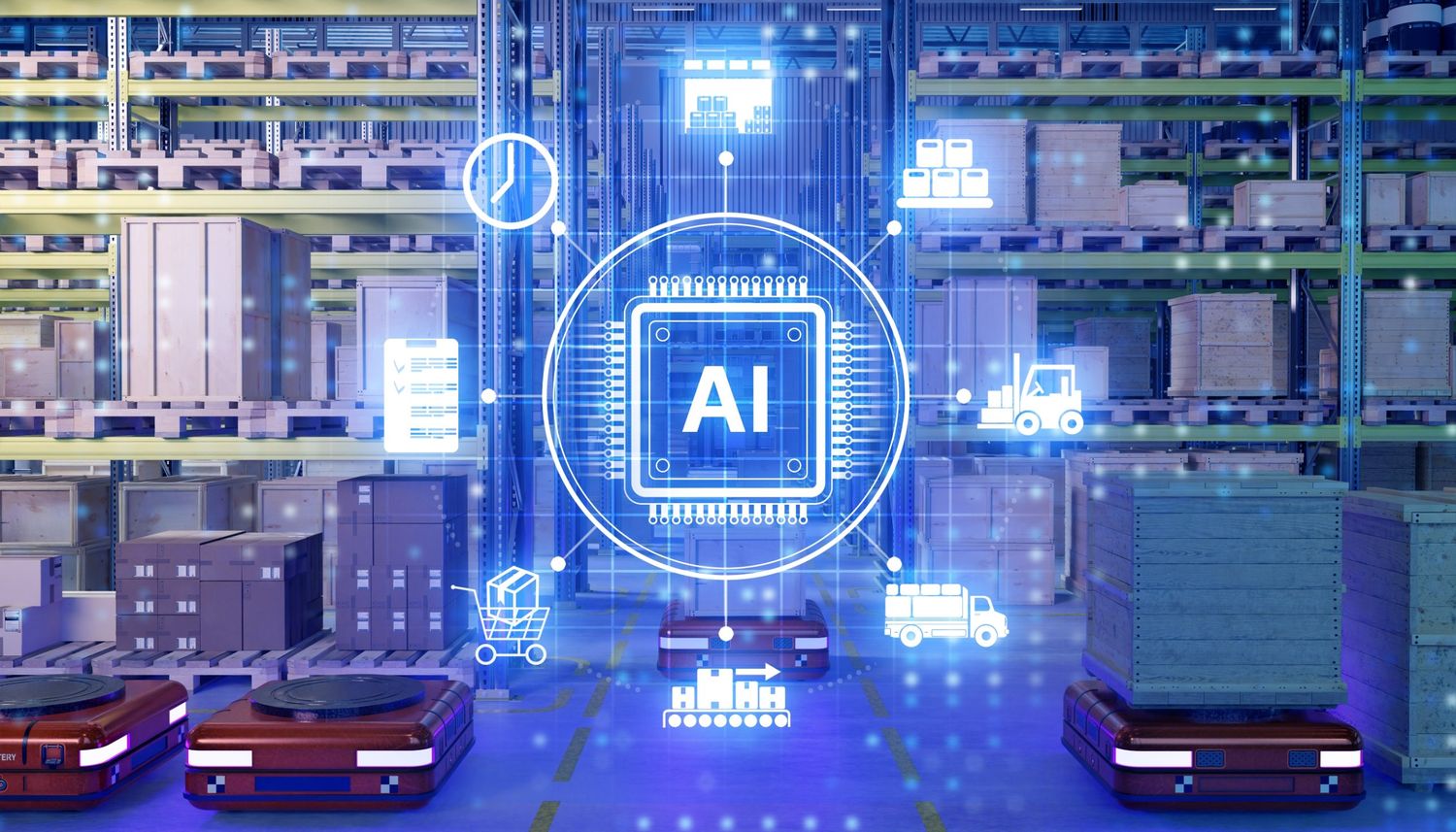 Fleet of autonomous guided vehicles in a warehouse coordinated by AI