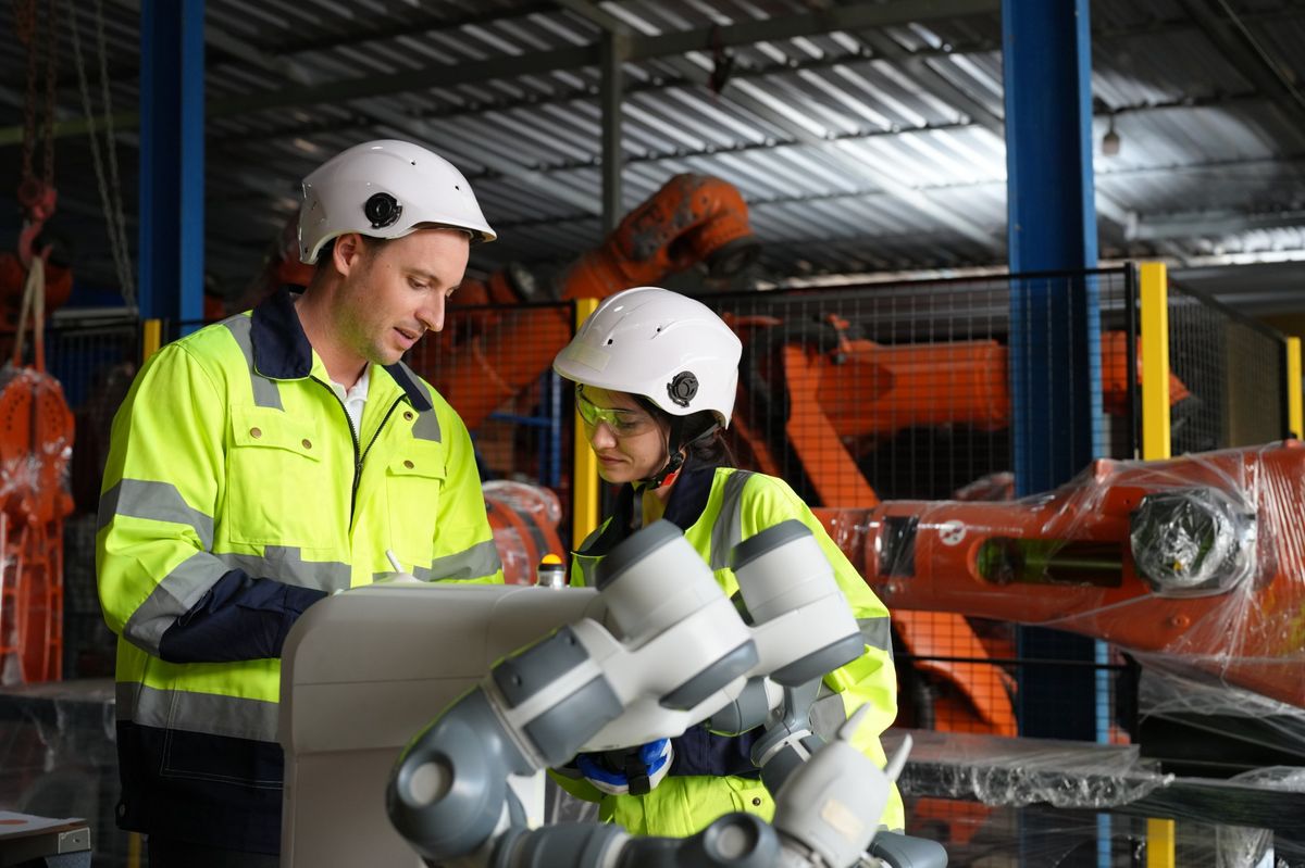 Two engineers programming a collaborative robot arm