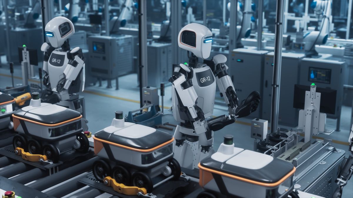 Humanoid robots working on a production line
