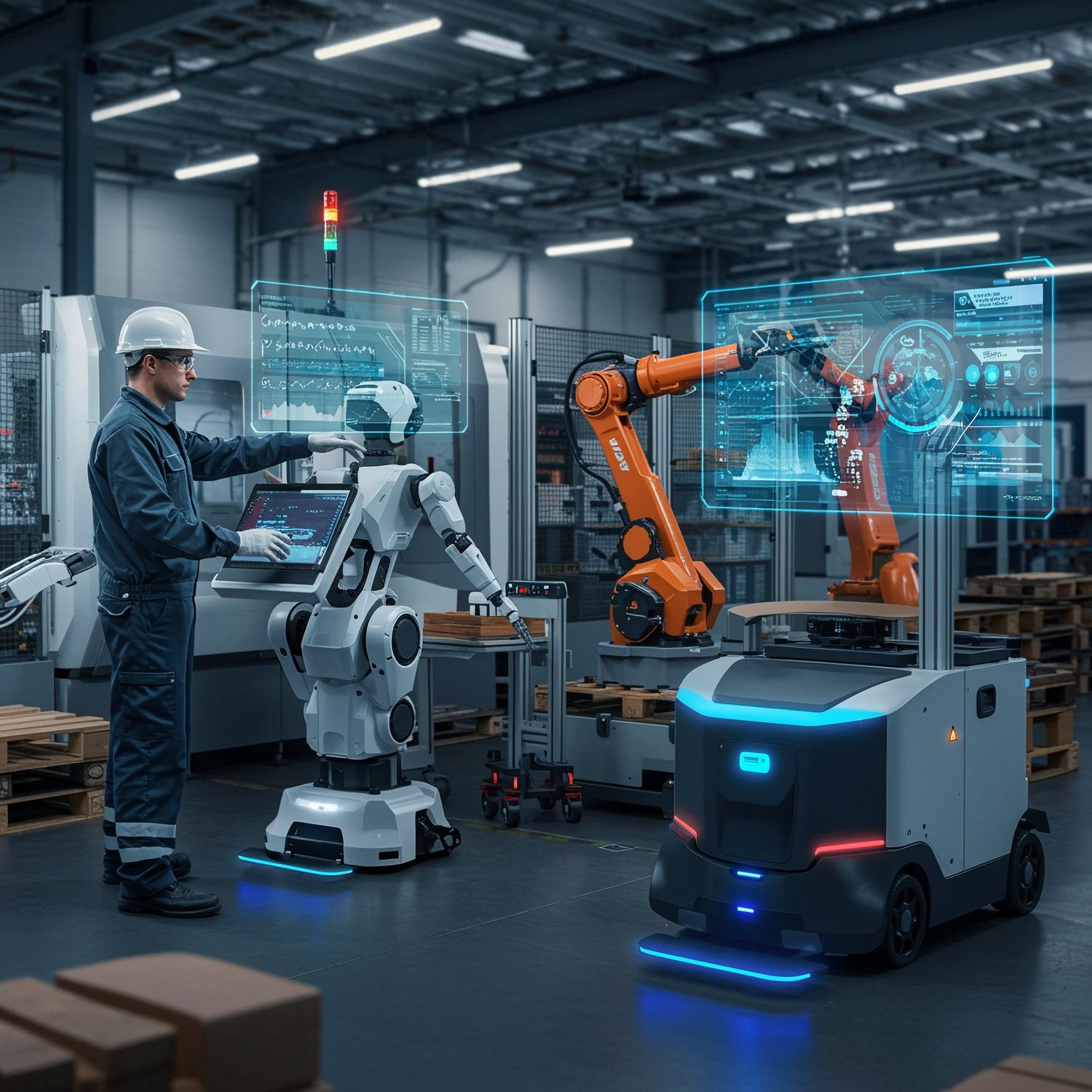 Technician, humanoid robot, industrial arm and mobile robot sharing a production cell with live digital twin panels