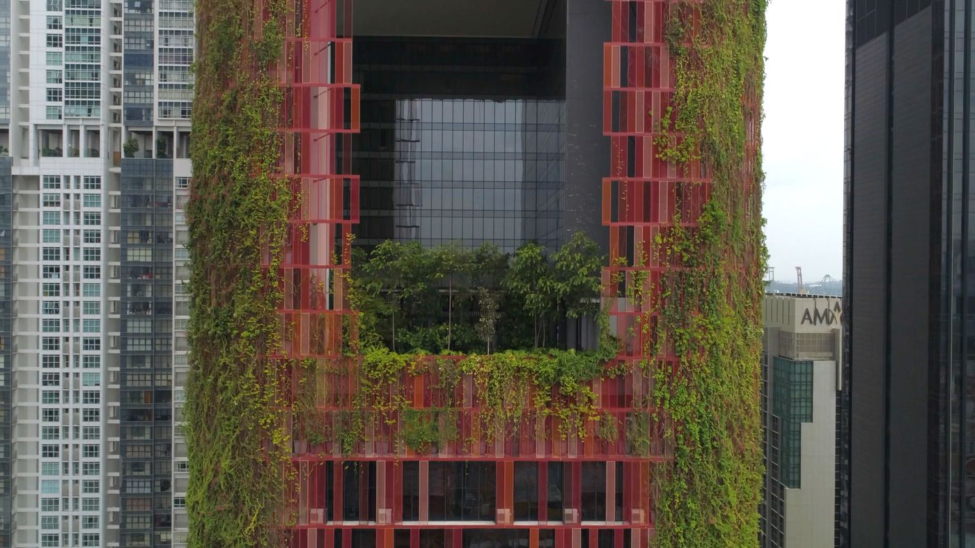 Office tower with a planted facade and a sky garden