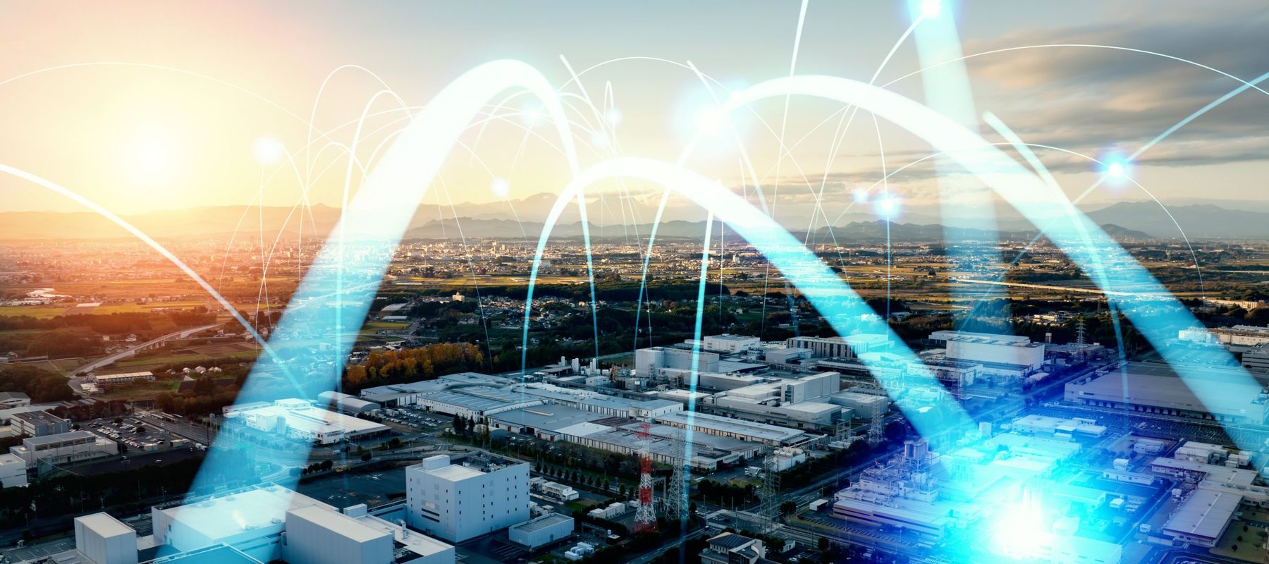 Industrial estate seen from the air with connectivity arcs