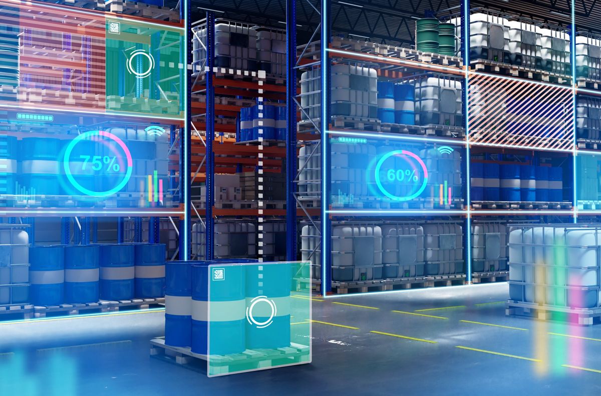 Warehouse racks with live stock indicators from the digital twin